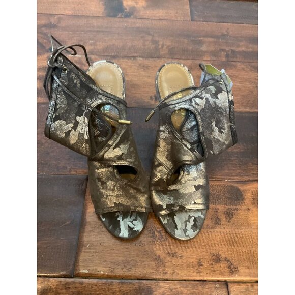 Aquazzura Brown & Gold Shimmer Camo Patterned Cut-Out Leather Heels, Size 36 | 6 - Picture 2 of 7